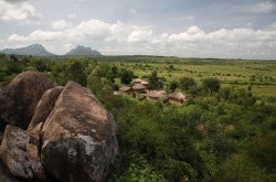 Village nestled in the landscape of central Malawi