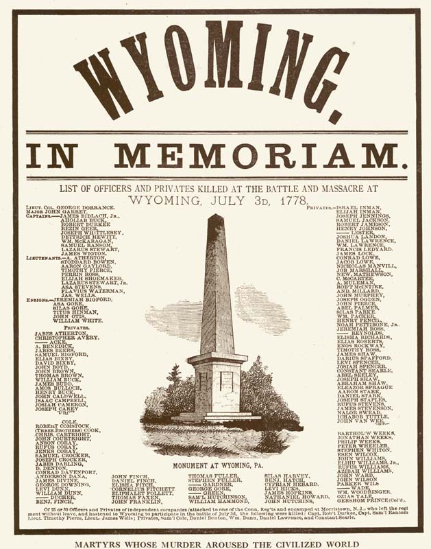 1928 Engraving of the Wyoming Monument in Wilkes-Barre, Pennsylvania, listing the names of those killed in the battle