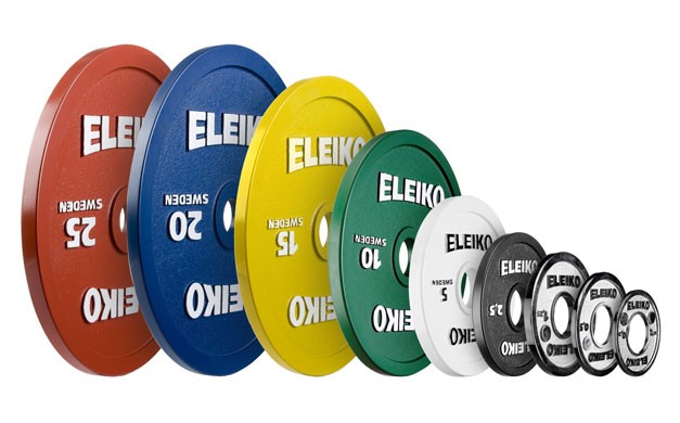 Picture of official kilogram weighted plates and colors in descending weight order