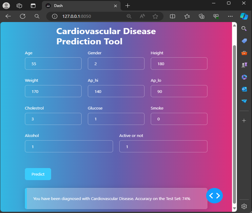Screenshot of the prediction tool