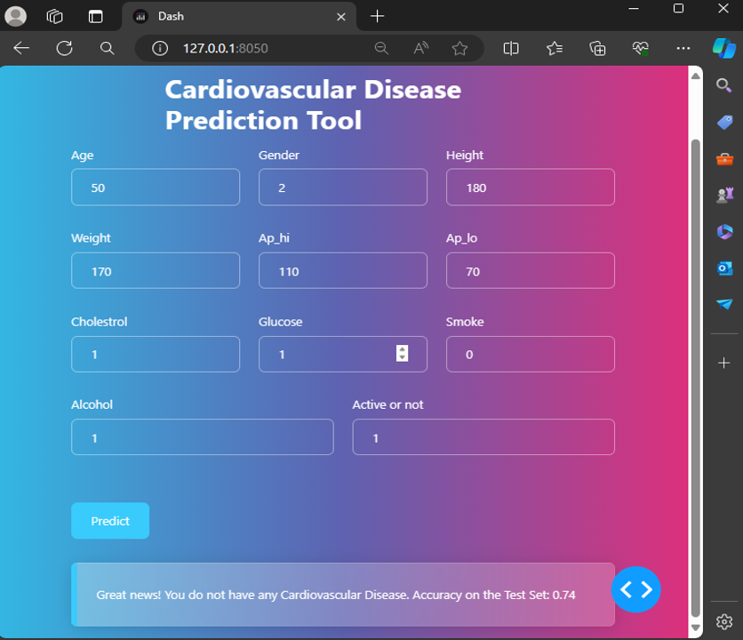 Screenshot of the prediction tool