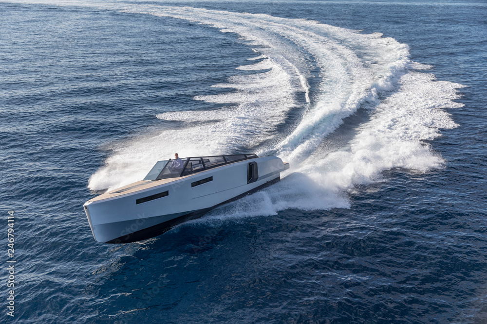 A Sleek SpeedBoat Cutting through the water