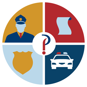 The silhouettes of a cop, diploma, badge, and police car surrounding a question mark 