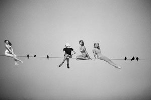 An image pin up girls perched on a wire