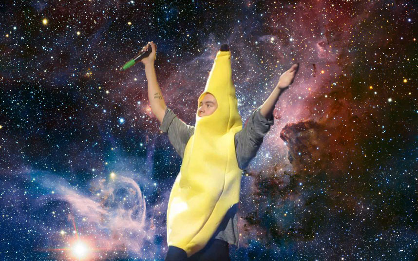 Harry Styles in a banana suit, in space