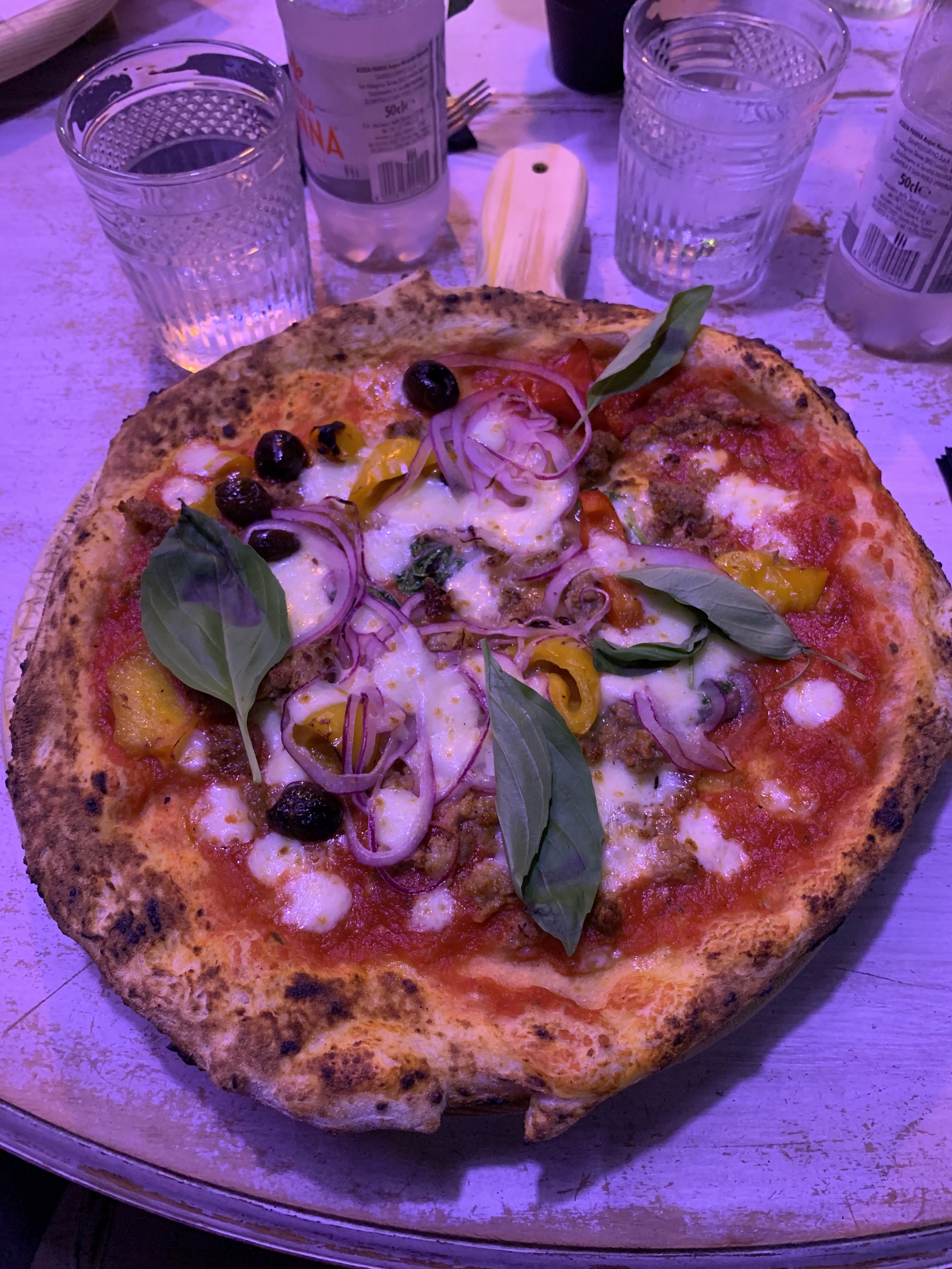 Pizza topped with mozarella, basil, and tomato sauce