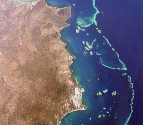 view of the Great Barrier Reef from space, retrieved from NASA
