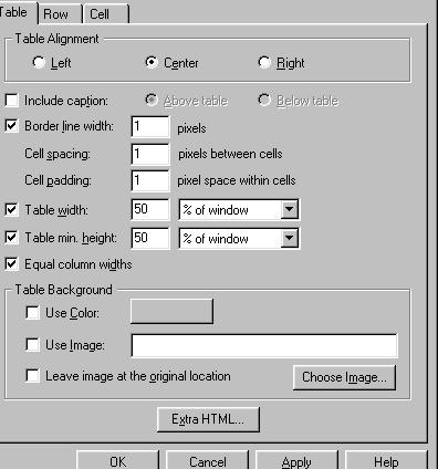 Table format in Netscape Composer